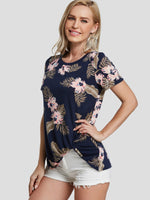 Wholesale Round Neck Floral Print Twist Short Sleeve Dark Blue T-Shirts