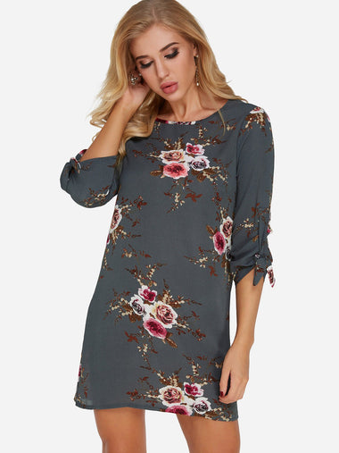Wholesale Grey Round Neck 3/4 Sleeve Length Floral Print Self-Tie Mini Dress