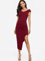 Wholesale Burgundy Strapless Off The Shoulder Sleeveless Zip Back Irregular Hem Maxi Dresses