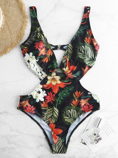 Wholesale V-Neck Floral Print Backless Cut Out Sleeveless One-Pieces