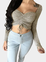 Wholesale Square Neck Lace-Up Long Sleeve Khaki Top