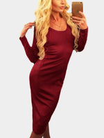 Wholesale Burgundy Round Neck Long Sleeve Lace-Up Sexy Dresses