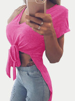 Wholesale V-Neck Short Sleeve Slit Hem Rose T-Shirts