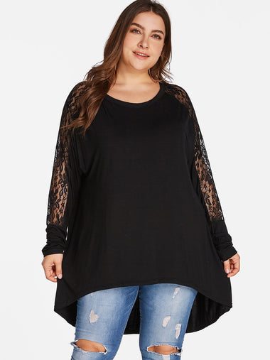 Wholesale Round Neck Plain Lace Long Sleeve Black Plus Size Tops