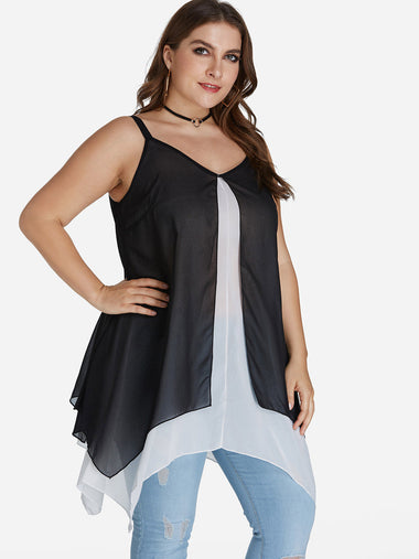 Wholesale V-Neck Plain Slit Sleeveless Irregular Hem Black Plus Size Tops