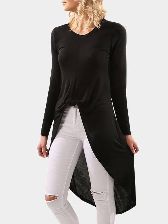Wholesale Round Neck Long Sleeve Irregular Hem Black Top