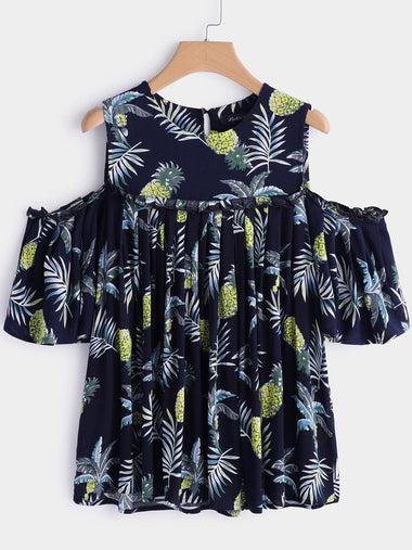 Wholesale Round Neck Floral Print Pleated Half Sleeve Flounced Hem Plus Size Tops