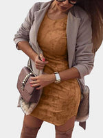 Wholesale Khaki Round Neck Long Sleeve Plain Irregular Hem Mini Dresses