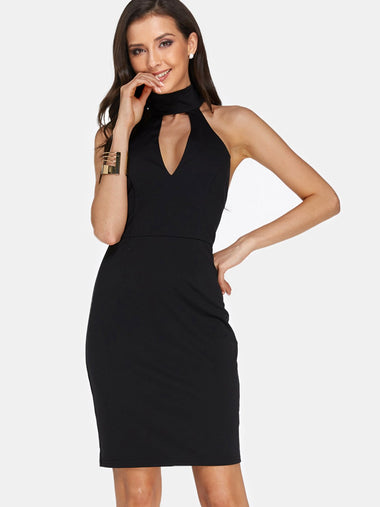 Wholesale Black Halter Sleeveless Plain Zip Back Backless Cut Out Self-Tie Sexy Dresses