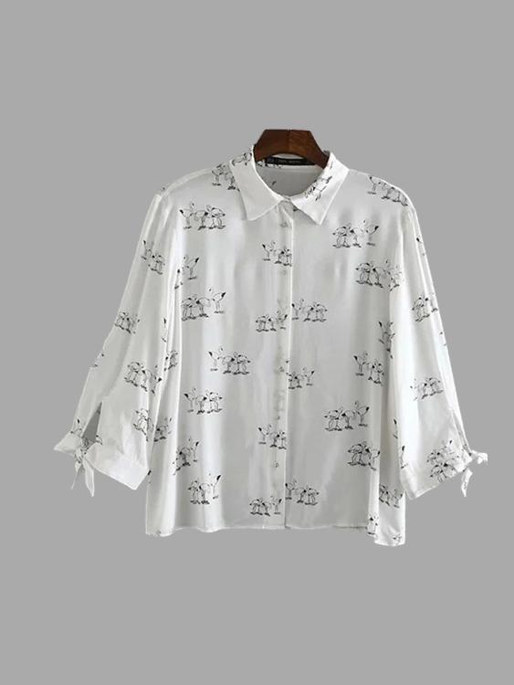 Wholesale Crane Print Pointed Collar 3/4 Length Sleeve Shirt