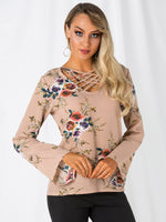 Wholesale V-Neck Floral Print Crossed Front Long Sleeve Beige T-Shirts