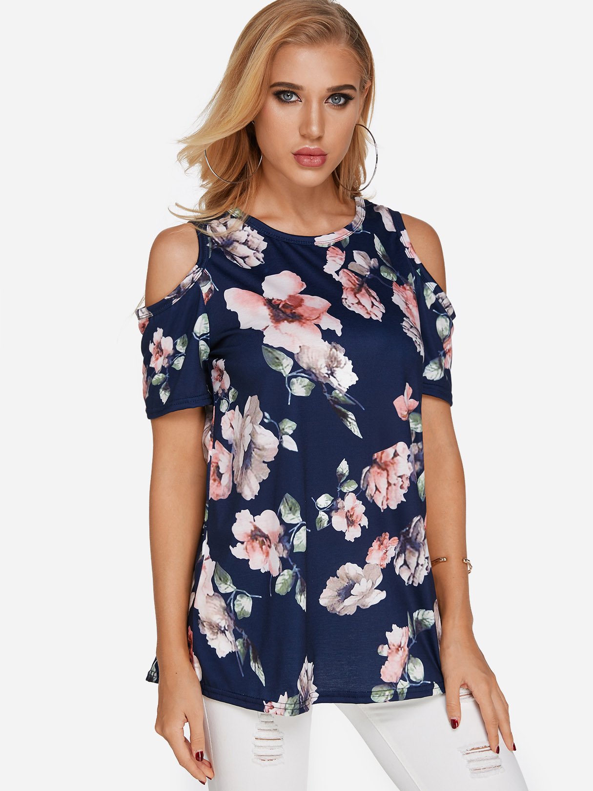 Wholesale Cold Shoulder Floral Print Short Sleeve Tee