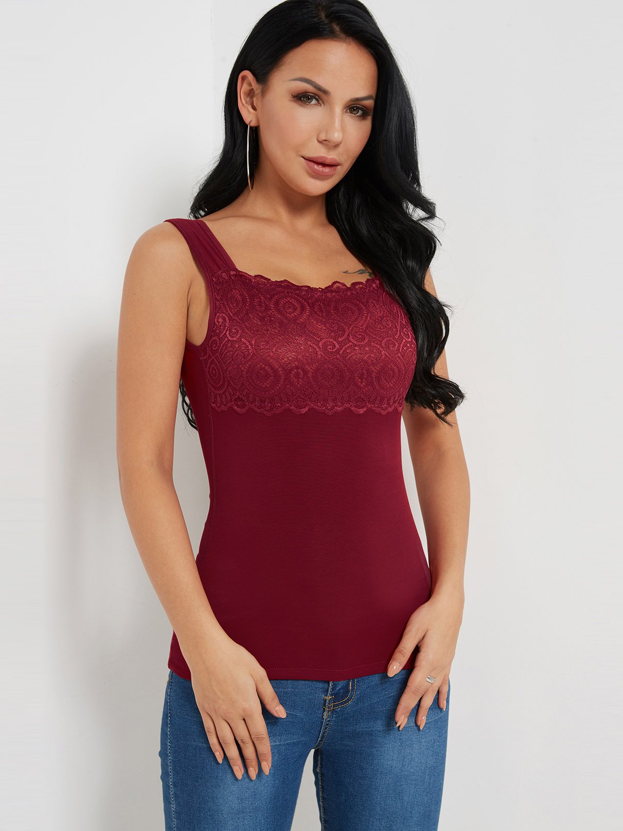 Wholesale Scoop Neck Plain Lace Sleeveless Burgundy Tank Top