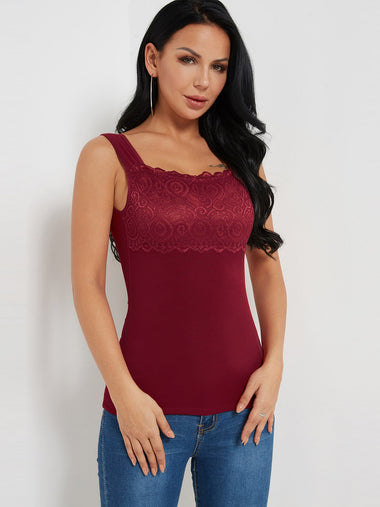 Wholesale Scoop Neck Plain Lace Sleeveless Burgundy Tank Top