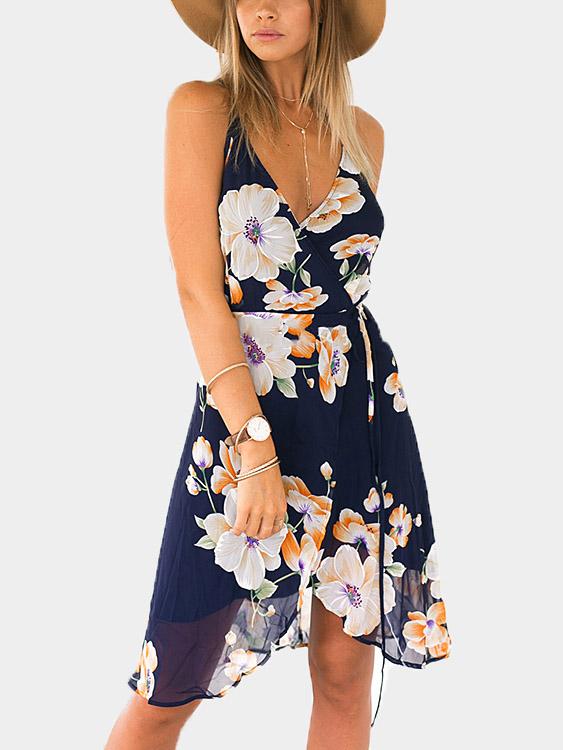 Wholesale V-Neck Floral Print Backless Spaghetti Strap Dresses