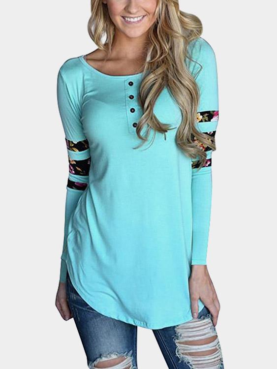 Wholesale Round Neck Plain Printed Long Sleeve Curved Hem Blue T-Shirts