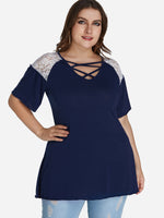 Wholesale V-Neck Plain Lace Short Sleeve Dark Blue Plus Size Tops