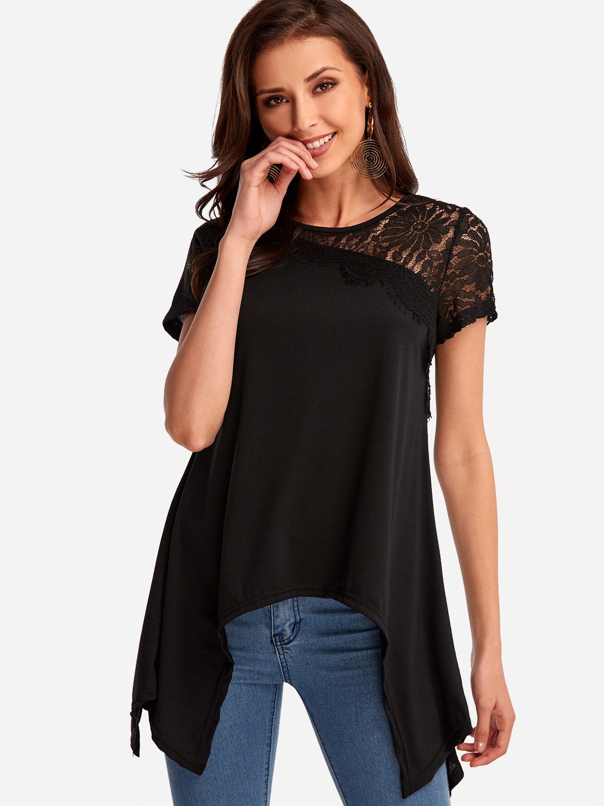 Wholesale Round Neck Lace Short Sleeve Irregular Hem Black T-Shirts