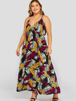 Wholesale Deep V Neck Self Tie Halter Floral Print Spaghetti Strap Self-Tie Sleeveless Black Plus Size Dress