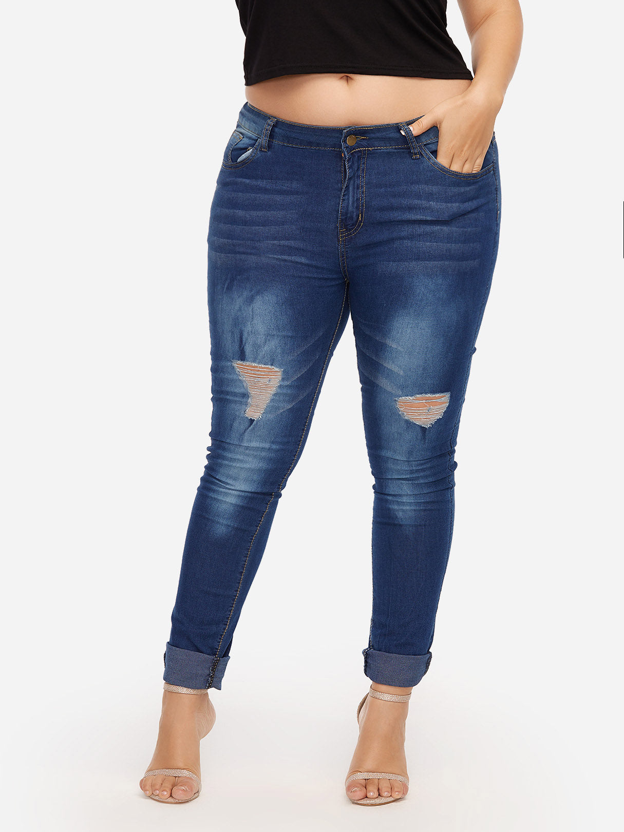 Wholesale Random Ripped Bodycon Dark Blue Plus Size Bottoms