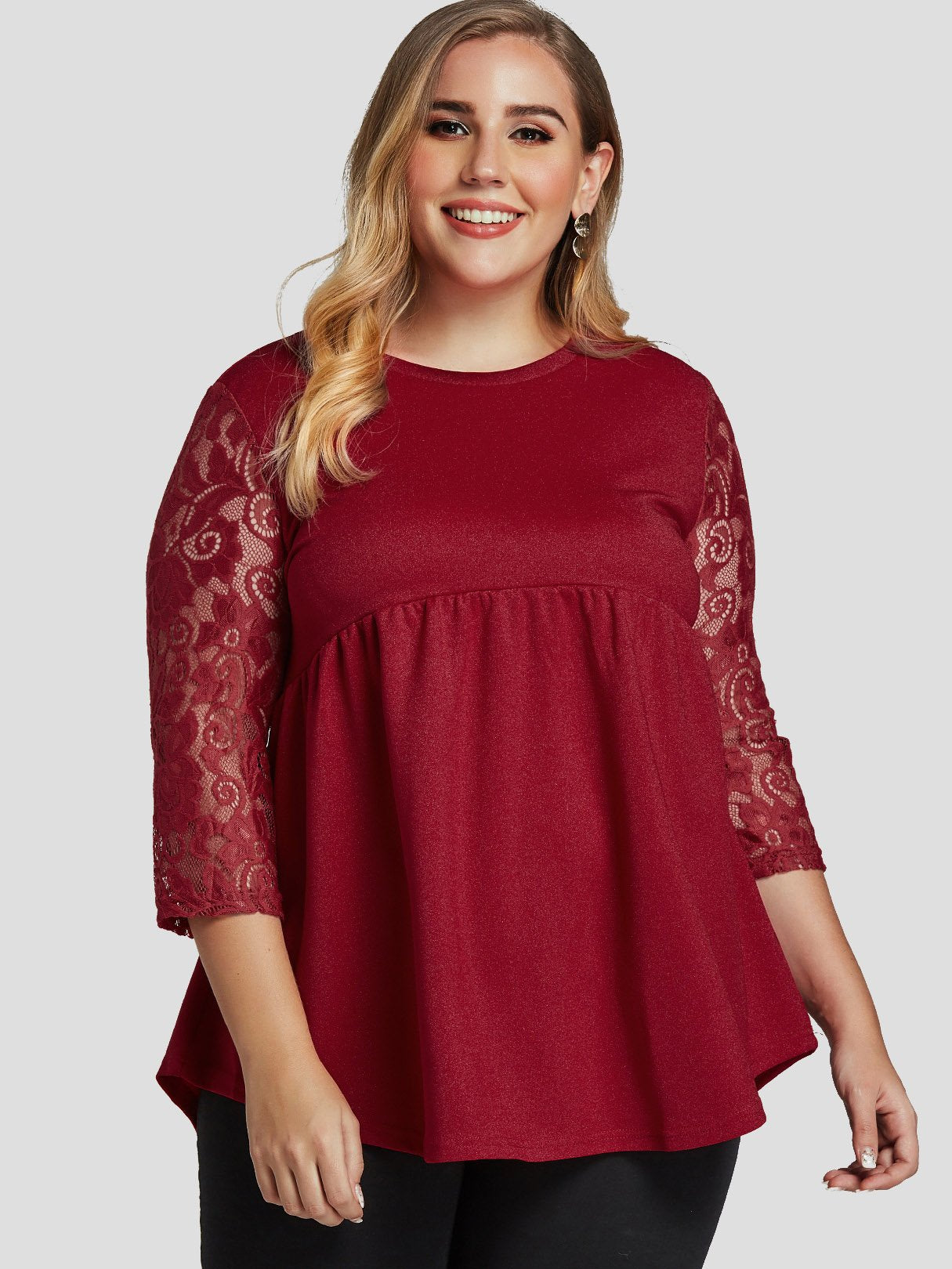 Wholesale Round Neck Plain Lace Long Sleeve Flounced Hem Red Plus Size Tops