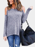 Wholesale Cold Shoulder Zip Back Long Sleeve Stitching Hem Grey T-Shirts