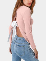 Wholesale V-Neck Long Sleeve Slit Hem Pink Top