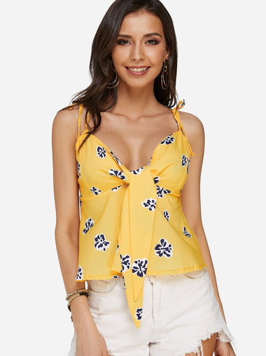 Wholesale V-Neck Floral Print Spaghetti Strap Sleeveless Yellow Camis