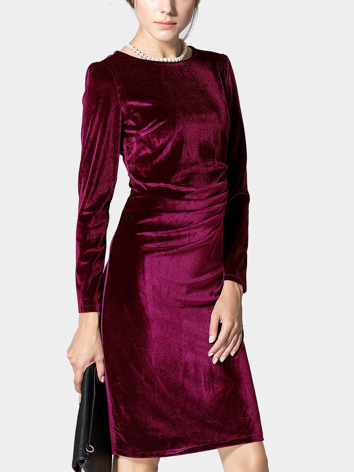 Wholesale Burgundy Round Neck Long Sleeve Sexy Dress