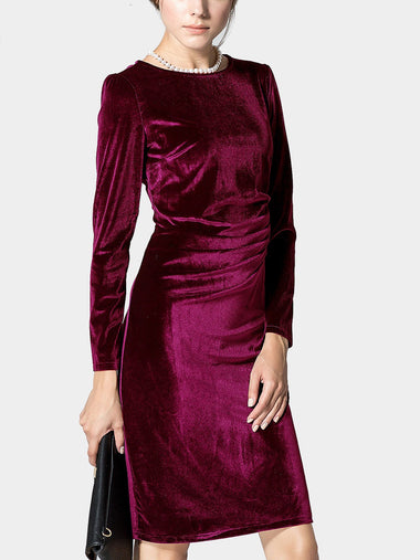 Wholesale Burgundy Round Neck Long Sleeve Sexy Dress