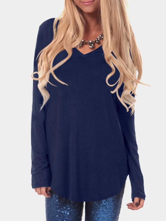 Wholesale V-Neck Plain Long Sleeve Curved Hem T-Shirts