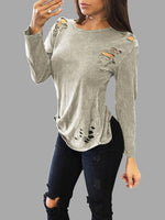 Wholesale Sexy Round Neck Ripped T-Shirt With Long Sleeves