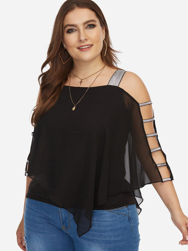 Wholesale Off The Shoulder Plain Hollow Half Sleeve Black Plus Size Tops