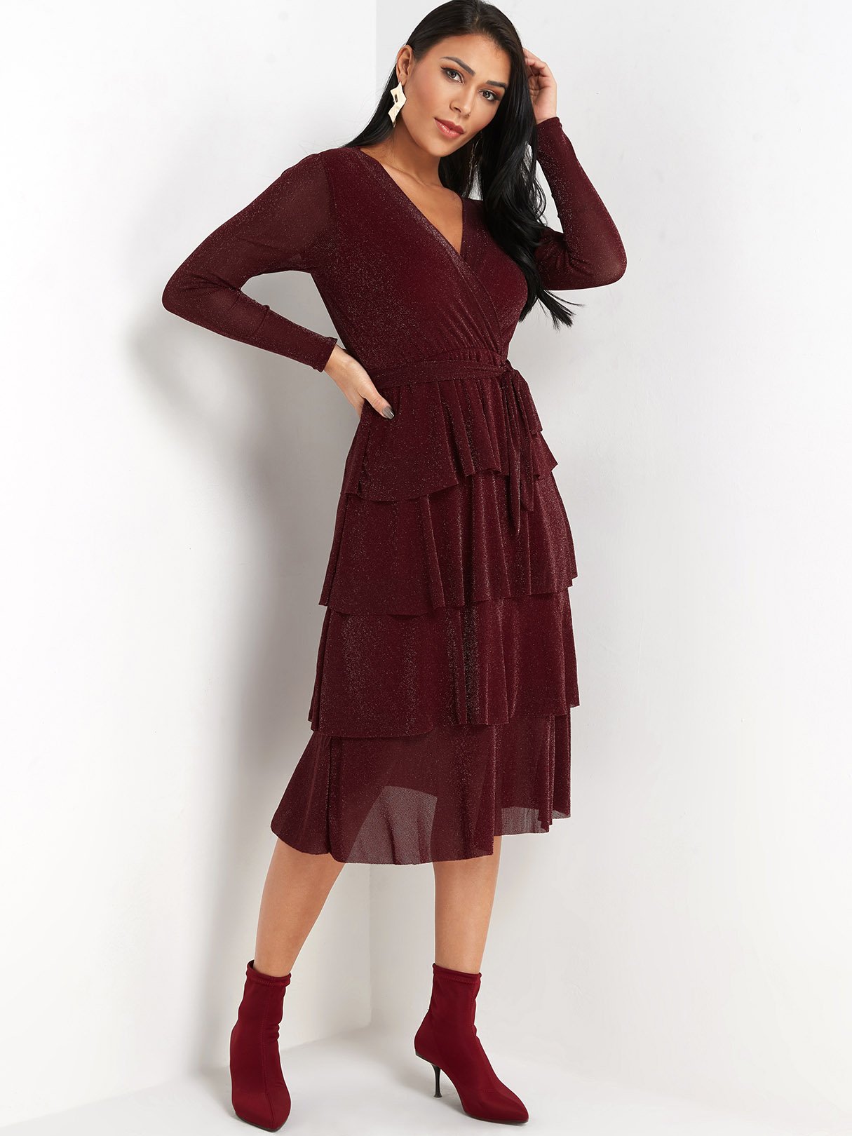 Wholesale V-Neck Belt Wrap Long Sleeve Burgundy Sexy Dresses