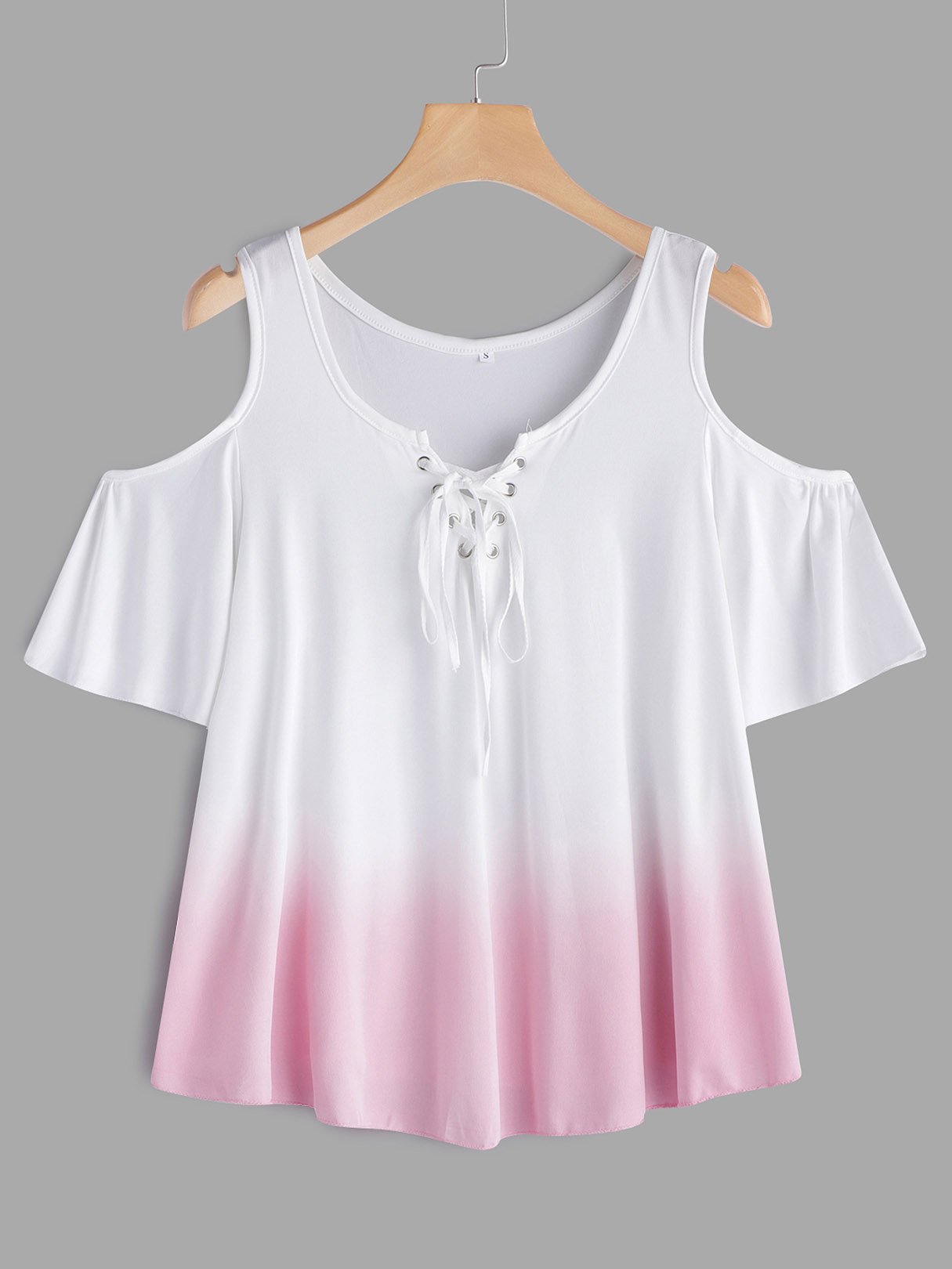 Wholesale Round Neck Cold Shoulder Fantasy Colour Crossed Front Hollow Lace-Up Cut Out Short Sleeve Pink T-Shirts