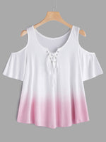 Wholesale Round Neck Cold Shoulder Fantasy Colour Crossed Front Hollow Lace-Up Cut Out Short Sleeve Pink T-Shirts