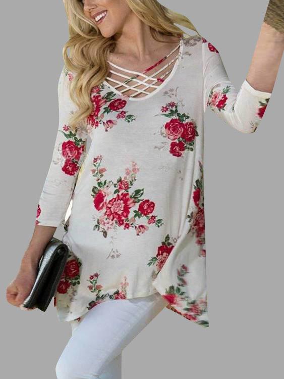 Wholesale Round Neck Floral Print Crossed Front 3/4 Sleeve Irregular Hem White T-Shirts