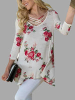 Wholesale Round Neck Floral Print Crossed Front 3/4 Sleeve Irregular Hem White T-Shirts