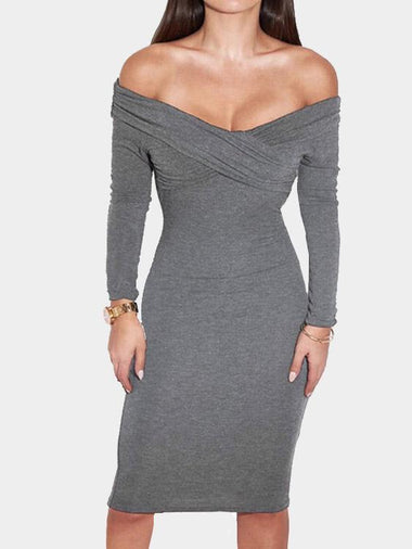 Wholesale Grey V-Neck Long Sleeve Plain Bodycon Hem Dresses