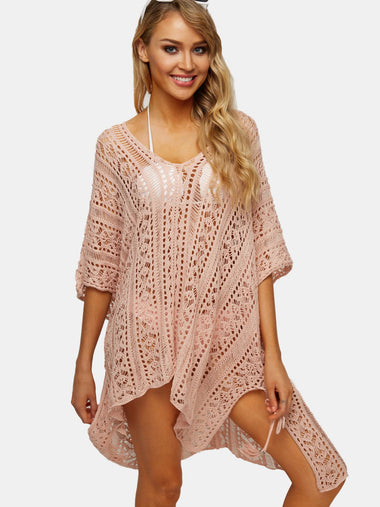 Wholesale Pink Deep V-Neck Tassel Hollow Lace-Up Slit Hem Beachwear