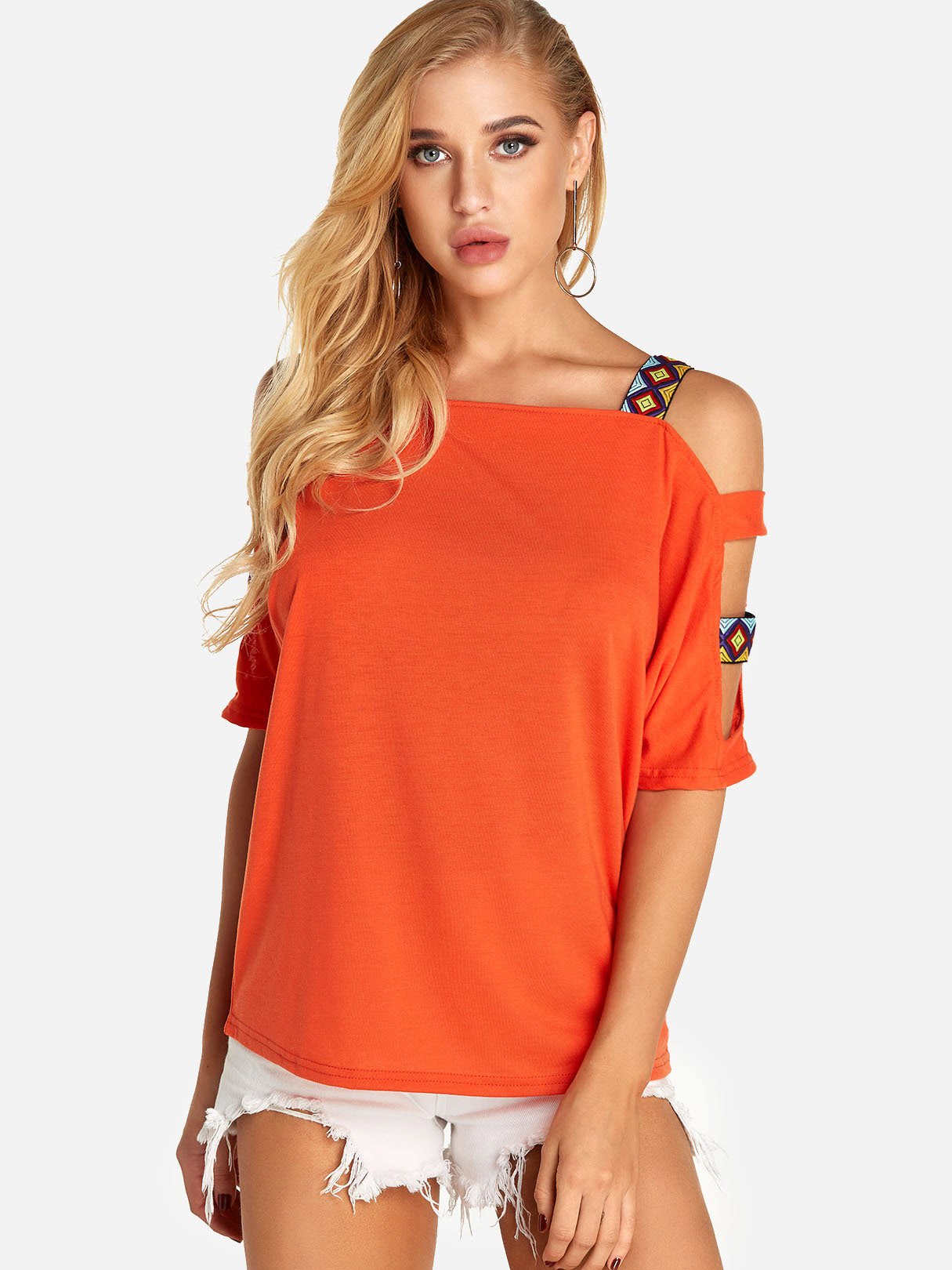 Wholesale Round Neck Cold Shoulder Cut Out Half Sleeve T-Shirts