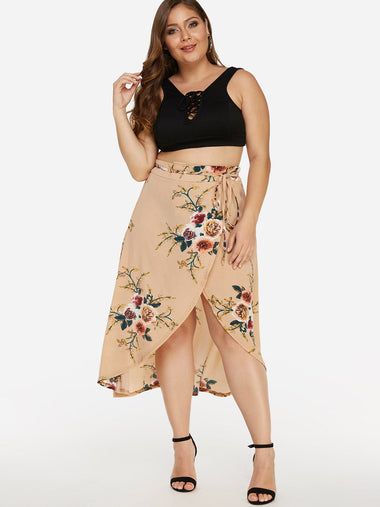 Wholesale Floral Print Lace-Up Slit Hem Plus Size Bottoms