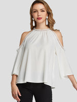Wholesale Cold Shoulder Plain Hollow 3/4 Sleeve Blouses