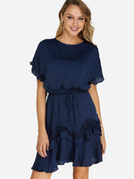 Wholesale Navy Round Neck Short Sleeve Belt Flounced Hem Casual Dress