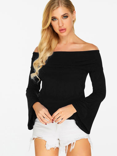 Wholesale Off The Shoulder Plain Long Sleeve Black Blouses