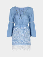 Wholesale Blue Round Neck Long Sleeve Lace Casual Dresses