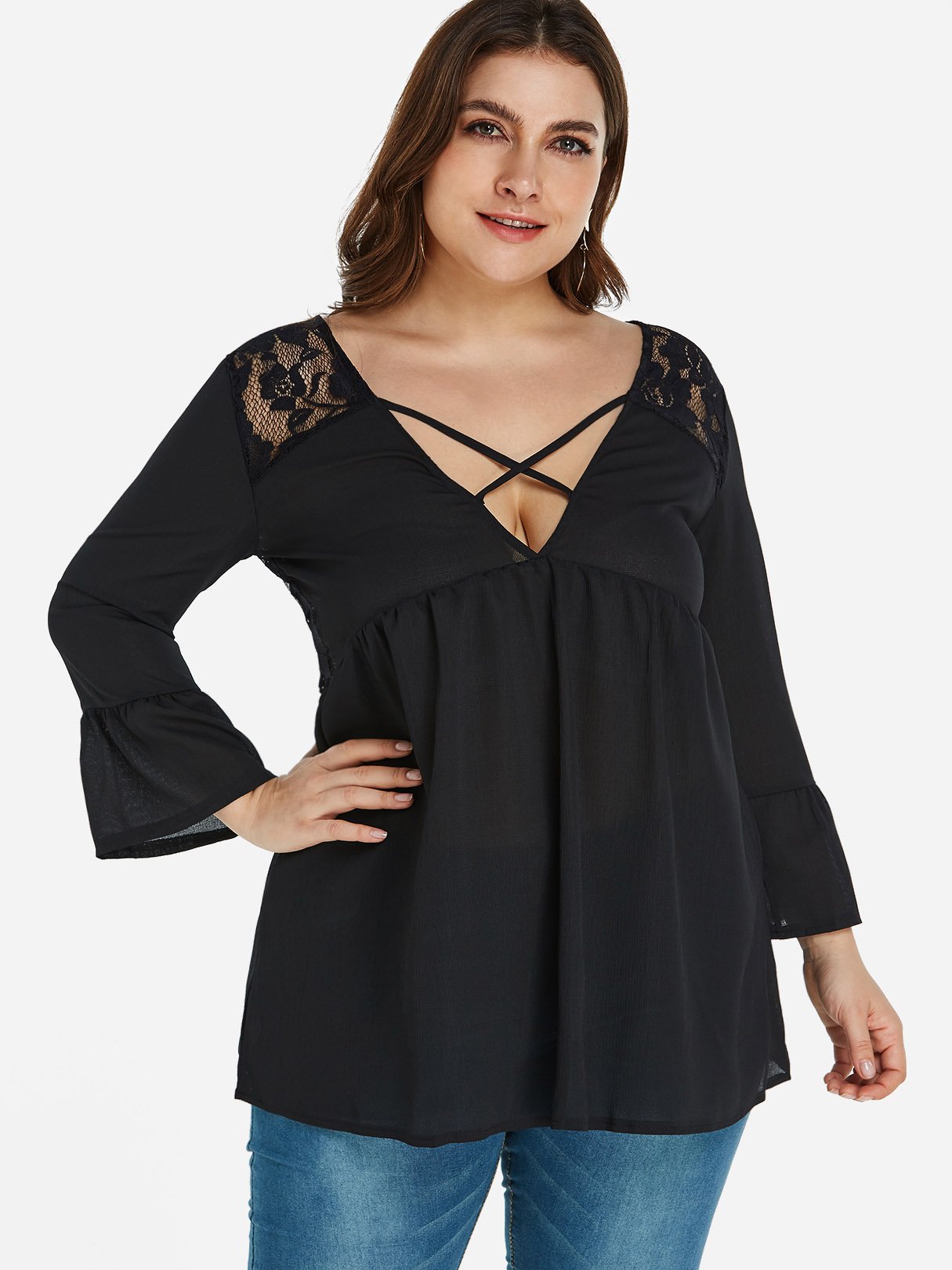 Wholesale V-Neck Plain Lace Long Sleeve Black Plus Size Tops