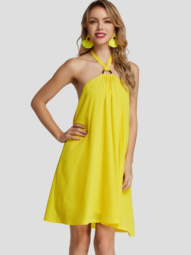 Wholesale Yellow Halter Strapless Sleeveless Plain Backless Chiffon Dress