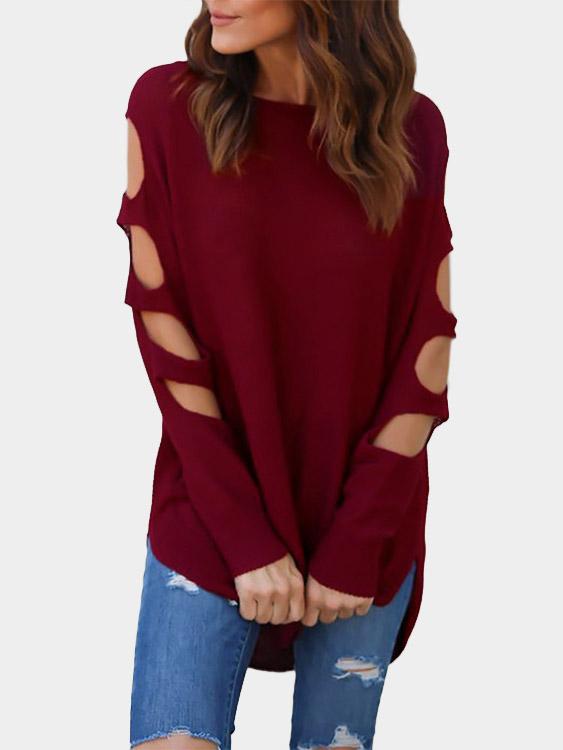 Wholesale Round Neck Plain Cut Out Long Sleeve Irregular Hem Burgundy T-Shirts