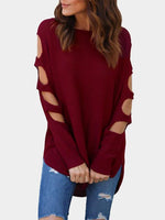 Wholesale Round Neck Plain Cut Out Long Sleeve Irregular Hem Burgundy T-Shirts